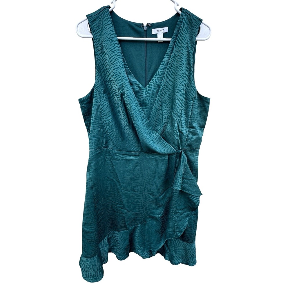 Nine West Womens Teal Green Snakeskin Print Faux‎ Wrap Ruffle Mini Dress Large